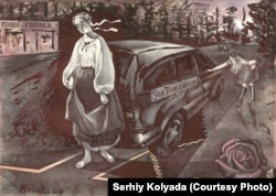 Another Kolyada drawing, this time depicting Kateryna by a vehicle with SexTour.com.ua emblazoned on its side.