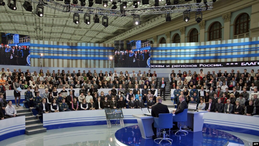 Prime Minister Vladimir Putin during his annual televised phone-in show in Moscow