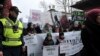 Hundreds of Muslim women wearing the traditional Muslim head scarf known as a hijab protest in Sarajevo on February 7.