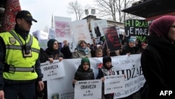 Hundreds of Muslim women wearing the traditional Muslim head scarf known as a hijab protest in Sarajevo on February 7.