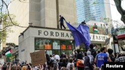 Angajații Universității Fordham acoperă ferestrele clădirii ocupate de protestatari, înainte ca poliția să intre și să-i aresteze pe studenți. New York, 1 mai 2024.