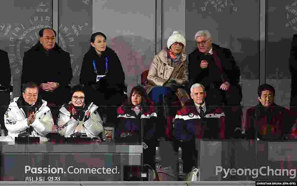 Dignitaries watch the opening ceremony. (left-right front) South Korean President Moon Jae-in and his wife Kim Jung-sook, the U.S. vice president&#39;s wife, Karen Pence, U.S. Vice President Mike Pence, Japanese Prime Minister Shinzo Abe, (left-right back) Kim Yong Nam, North Korea&#39;s 90-year-old ceremonial head of state,&nbsp;Kim Yo Jong, the sister of North Korean leader Kim Jong Un, the German president&#39;s wife, Elke Buedenbender, and German President Frank-Walter Steinmeier.&nbsp;