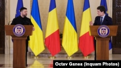 Președintele României, Nicușor Dan (dreapta), și cel al Ucrainei, Volodimir Zelenski, la conferința de presă de la București din 12 martie 2026.