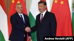 Hungarian Prime Minister Viktor Orban (left) shakes hands with Chinese President Xi Jinping during a visit to Beijing in 2019. 