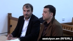 Armenia - Mher Khachatrian (left) goes on trial in Gyumri, April 30, 2026.
