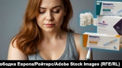 Жена до опаковки на медикаментите Оземпик и Мунджаро. Колаж.