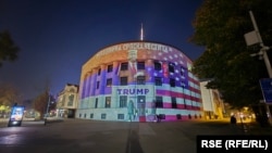 Images of Donald Trump and the Americn flag are projected on the Republika Srpska president's office in Banja Luka.