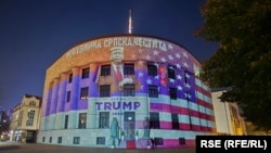 Images of Donald Trump and the American flag are projected on the Republika Srpska president's office in Banja Luka.