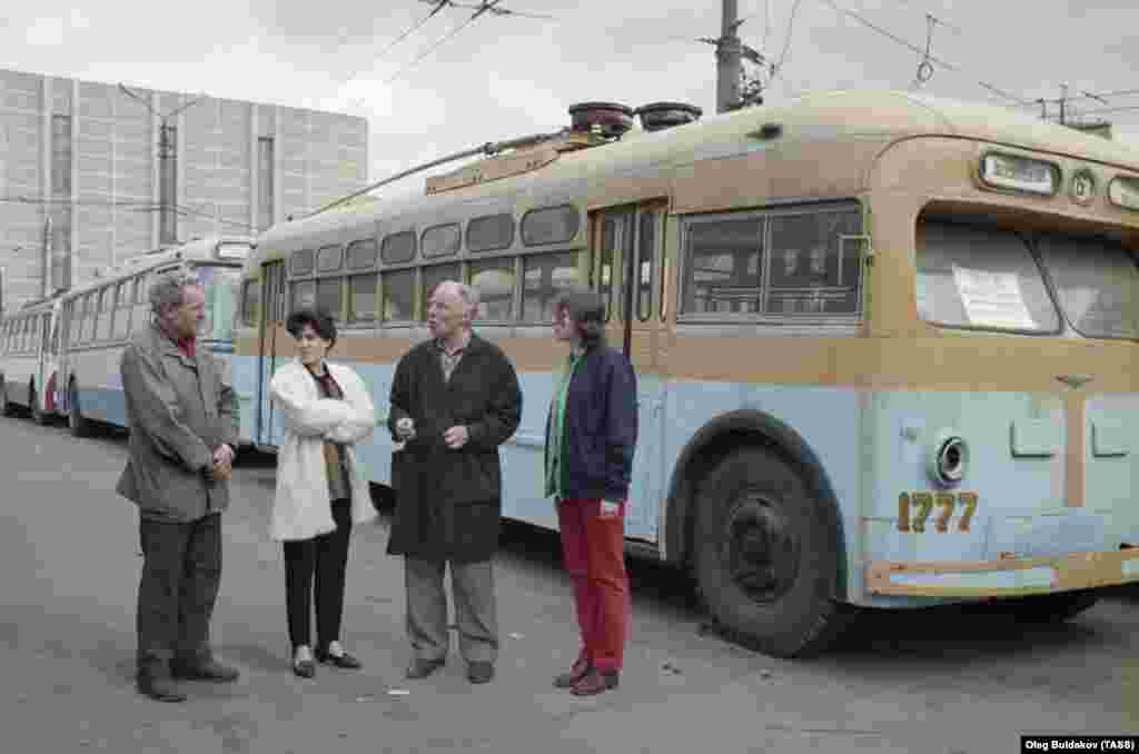 Visitors at a museum opened in Trolleybus Depot No. 1 in 1996.&nbsp;