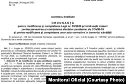 Monitorul Oficial din 30 august 2021 - cuprinde ordonanța de modificare a Legii 53/2020