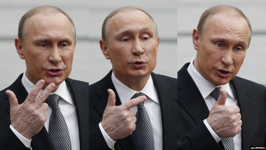 A combination photo showing Russian President Vladimir Putin gesturing as he speaks during a meeting with journalists after a live broadcast nationwide call-in in Moscow on April 14. 