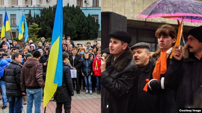 Акції учасників протестів у Сімферополі. Мітинг прихильників «Євромайдан-Крим» (ліворуч) і мітинг прихильників Помаранчевої революції (праворуч). Колаж