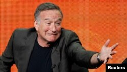 U.S. -- Cast member Robin Williams gestures at a panel for the television series "The Crazy Ones" during the CBS portion of the Television Critics Association Summer press tour in Beverly Hills, California, July 29, 2013