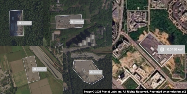 Majtas: Vendndodhjet e sistemeve të raketave të mbrojtjes ajrore S-400 në Parkun Moskvoretsky, Parkun Losiny Ostrov, fushat eksperimentale të Akademisë Timiryazev dhe Parkun Izmailovo. Djathtas: Vendndodhja e S-400 pranë Universitetit Shtetëror të Moskës dhe Innopraktika.