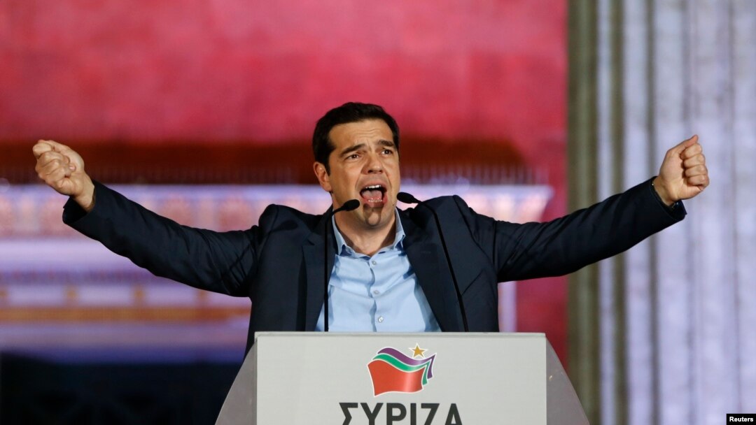 The head of the Syriza party, Alexis Tsipras, speaks to supporters in Athens after Greek parliamentary elections on January 25. 