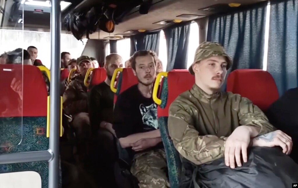 A video released from the Russian Defense Ministry shows Ukrainian servicemen waiting in a bus after being evacuated. The Ukrainian government said it was continuing efforts to complete the evacuation of its fighters from the Azovstal steel plant, the last holdout in the southern city of Mariupol, after around 260 soldiers, some of them wounded, were able to get out of the sprawling complex.