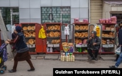 Selling bread on the street in Bishkek
