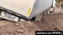 Armenia - A truck stranded on a newly reconstructed road in Syunik province, November 12, 2021.
