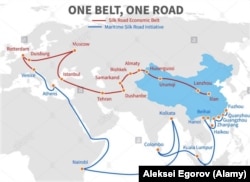 O hartă a doctrinei RPC intitulată "O centură - un drum". Drumul chinezesc maritim, o cale de transport economic transcontinental, trece prin portul Colombo din Sri Lanka.