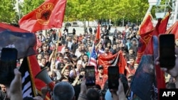 Kosovo Albanians gather during a rally in Pristina on September 16, 2026 on the day of the war crimes verdict in the trial held in The Hague of former Kosovo President Hashim Thaci and three senior ex-guerrilla leaders.