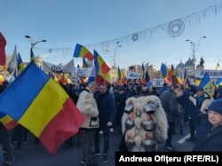 Participanții la protest au steaguri tricolore și pancarte sau sunt îmbrăcați în costume populare.