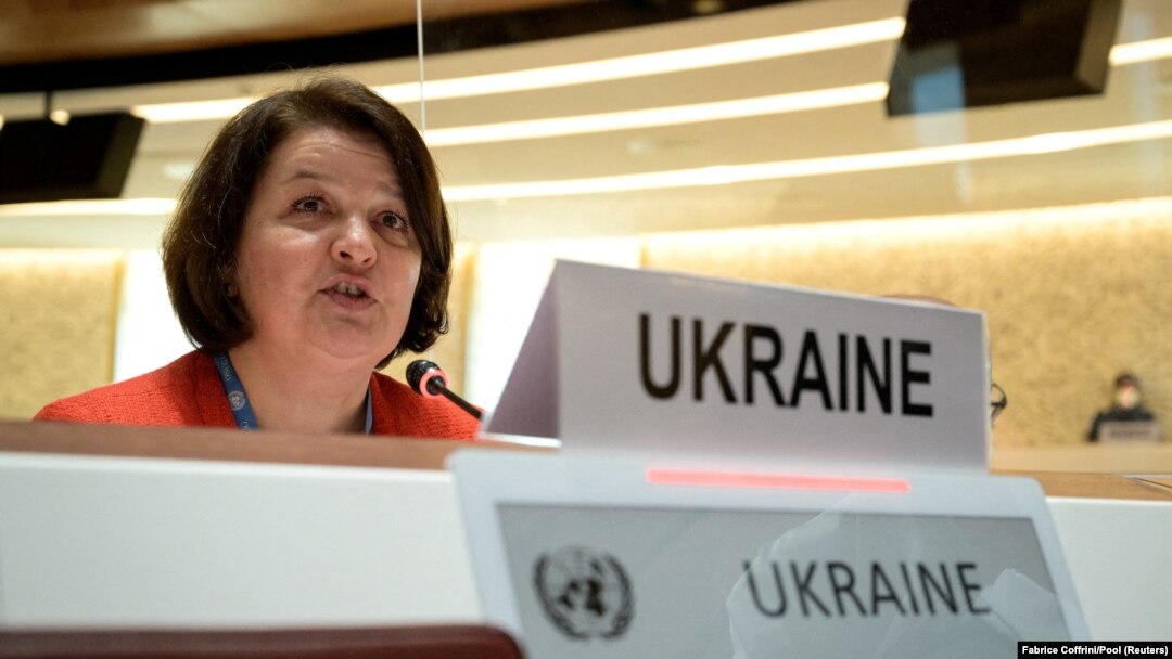 Амбасадорката на Украина Евхенија Филипенко зборува на отворањето на седницата на Советот за човекови права на ОН, 28 февруари, 2022