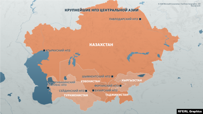 Крупнейшие нефтеперерабатывающие заводы Центральной Азии на карте региона
