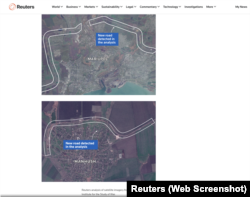 Скріншот рослідування Reuters: супутниковий знімок об'їзної дороги навколо Маріуполя (верхнє фото) та дороги в районі Мангушу (нижнє фото)