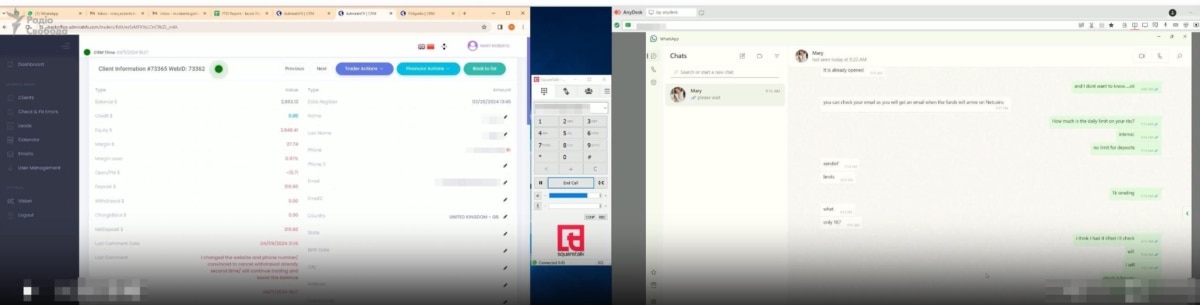 Це – вигляд робочого столу кібершахрая. Зліва – система управління взаємовідносинами з клієнтами. Посередині – VoIP-додаток, за допомогою якого працівники кол-центру здійснюють дзвінки. Праворуч – робочий стіл «жертви», до якого шахраї отримали віддалений доступ