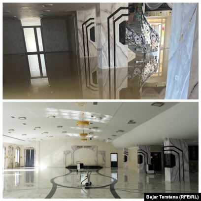 Fotografia lart tregon një nivel të lartë të ujit brenda restorantit të Berishës në fshatin e Klinës pas vërshimeve të janarit.Ai e ka pastruar ujin dhe mbeturinat nga restoranti i tij, siç shihet në fotografinë më poshtë.