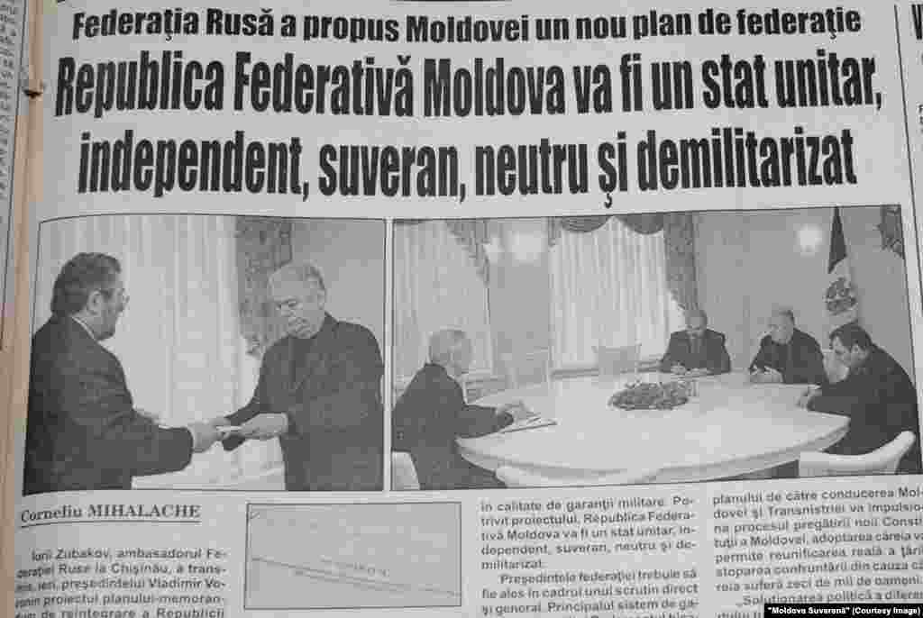 &quot;Moldova Suverană&quot;, 18 noiembrie 2003, diplomaţi ruşi îi transmit preşedintelui moldovean Vladimir Voronin planul Moscovei de federalizare