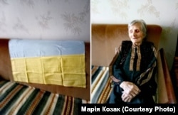 89-летняя Анна Кондратьевна Марциновская (справа), мама Марии Козак. Для участия семьи в «живой цепи» женщина пошила флаг (слева)