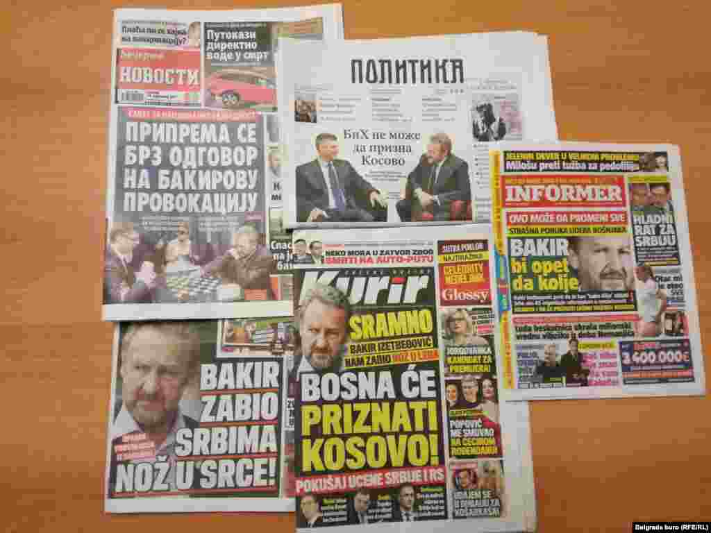 БОСНА И ХЕРЦЕГОВИНА / СРБИЈА - Насловните страници на дел од денешните изданија на српските дневни весници и таблоиди. Сите ударно пренесуваат коментари на изјавата на членот на Босанското претседателство, Бакир Изетбеговиќ, во врска со независноста на Косово.