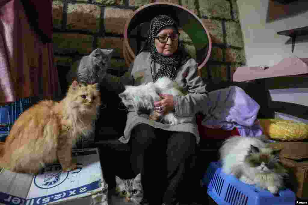 A displaced animal shelter owner from Beirut's southern suburbs sits with her rescued cats in an apartment on March 24 amid escalating hostilities between Israel and Hezbollah. 