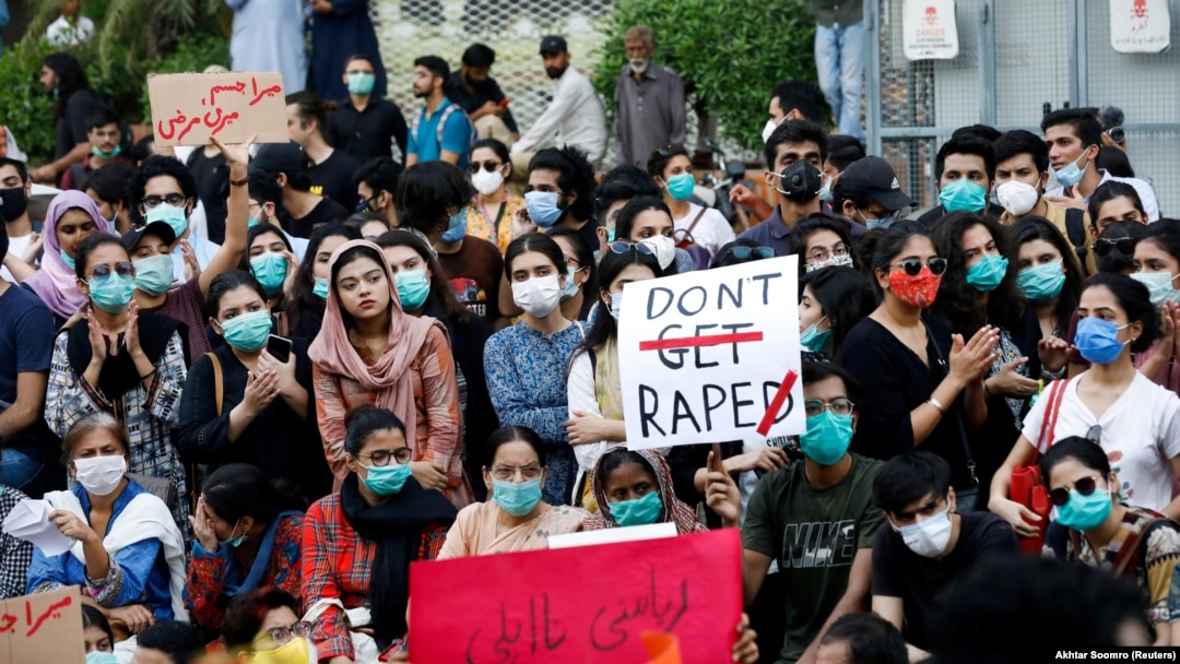 People protest in Karachi in September 2020 to condemn violence against women and girls after a gang rape that occurred along a highway.
