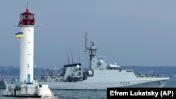 A British Royal Navy patrol ship in the Black Sea during Sea Breeze 2021 maneuvers in July 2021