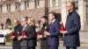 From left: Polish Prime Minister Donald Tusk, UK Prime Minister Keir Starmer, Ukrainian first lady Olena Zelenska, Ukrainian President Volodymyr Zelenskyy, French President Emmanuel Macron, and German Chancellor Friedrich Merz pay their respects to the victims of war at the Memorial for the Fallen in Kyiv on May 10, 