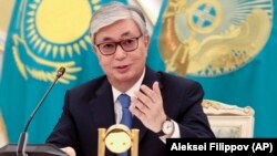 Kazakh President-elect Qasym-Zhomart Toqaev speaks to the media in Nur-Sultan on June 10.