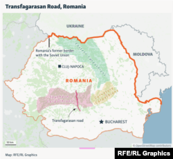 Мястото на Трансфъгърашкото шосе на картата на Румъния.