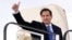 US Secretary of State Marco Rubio gives a thumbs up as he departs from Bratislava, Slovakia, on February 15.