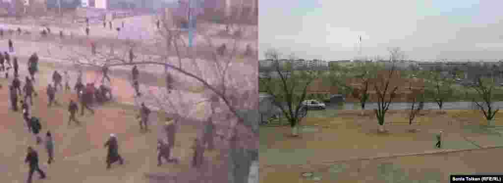 On the left, a video grab shows a scene of chaos on a central square during the riots. On the right, a similar shot shows a quiet square, nearly empty of people.