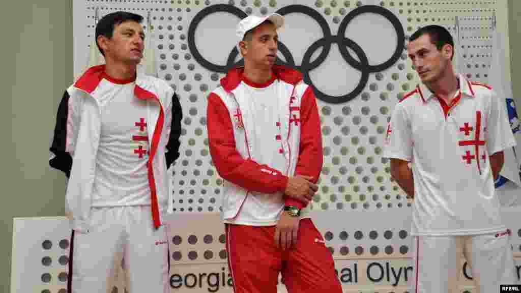 Georgian sportsmen pose in their tracksuits. Their formal uniforms, designed by Georgian fashionista Eka Gotsiridze, will only be unveiled at the opening ceremony. 