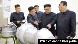 کیم جونگ اون (نفر دوم از راست)، رهبر کره شمالی، بر آزمایش اخیر پرتابگرهای چندگانه نظارت داشت.