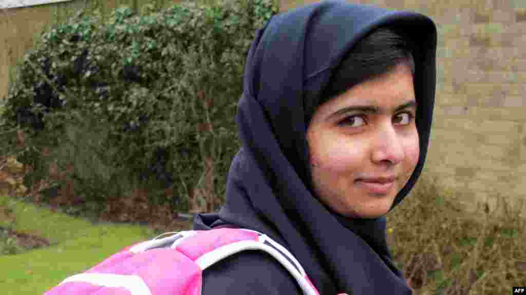 Pakistani schoolgirl Malala Yousafzai is pictured holding a backpack in Birmingham, England, before returning to school for the first time since she was shot in the head by the Taliban in October 2012 for campaigning for girls&#39; education. The 15-year-old said she had &quot;achieved her dream&quot; and was looking forward to meeting new friends at the Edgbaston High School for Girls in Birmingham, where she is now living. Malala was flown to Britain after the attack for surgery for her head injuries and underwent several operations. (AFP/Malala Press Office)