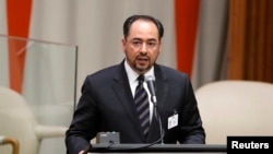 Afghan Foreign Minister Salahuddin Rabbani speaks during a high-level meeting on addressing large movements of refugees and migrants at the United Nations General Assembly in New York on September 19.