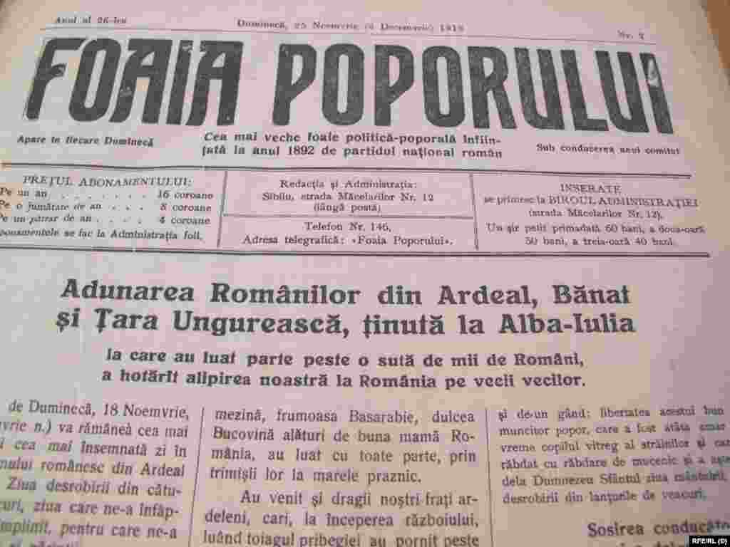 Ziarul &bdquo;Foaia Poporului&rdquo; de la Sibiu anunță adunarea românilor din toate provinciile istorice la Alba Iulia, la 1 Decembrie 1918&nbsp;