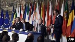 European Council President Donald Tusk (right) delivers a speech next to (from left) President of the European Commission Jean-Claude Juncker, EU Parliament President Antonio Tajani, Italian Prime Minister Paolo Gentiloni, and Maltese Prime Minister Jospeh Muscat during a special summit of EU leaders on March 25 at Rome's Piazza del Campidoglio (Capitoline Hill). 