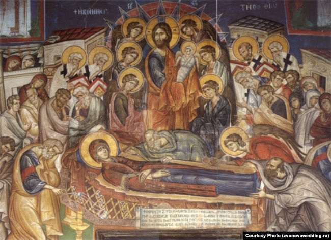 Adormirea Maicii Domnului - pictură murală din biserica mare a Mănăstirii Vatopedu, de la Muntele Athos