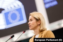 Топдипломатка ЄС Кая Каллас виступає на дебатах у Європарламенті щодо ескалації російських ударів по судноплавству в Чорному морі та загроз для регіональної і продовольчої безпеки. Франція, Страсбург, 20 жовтня 2026 року