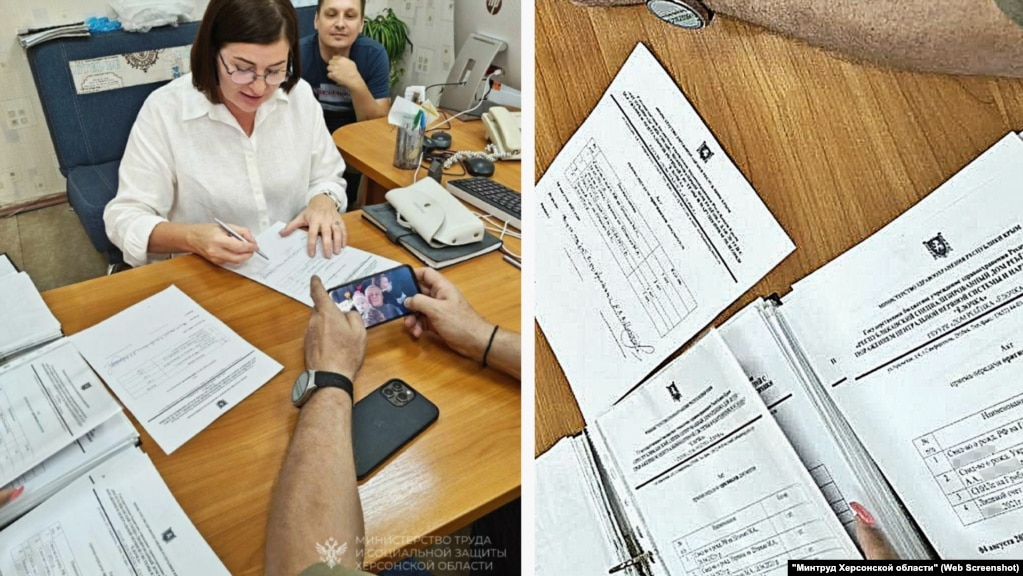 «Голова міністерства праці та соцзахисту Херсонської області» від окупаційної влади Алла Бархатнова підписує документи про те, що вивезеним із Херсонського будинку дитини дітям видали російське свідоцтво про народження та «СНИЛС». Окупований Крим, 6 серпня 2023 року